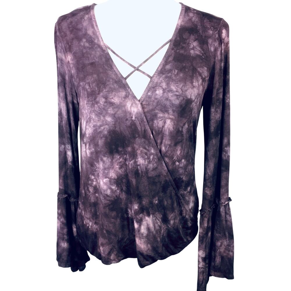 AEO WimseyGoth Purple Tie Dye Wrap Style Bell Sleeve Top S Cottage Grunge Fairy